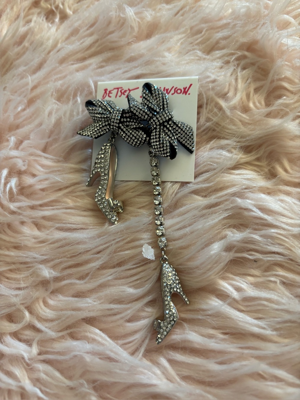 Betsey Johnson Silver Crystal Bow & High Heel Drop Earrings